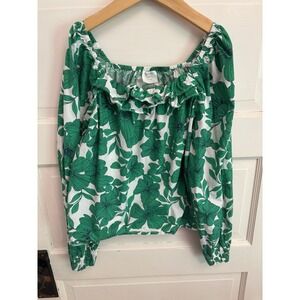 Crewcuts Girl's Green Floral Ruffle Top 100% Cotton‎ Ruffle Size Large